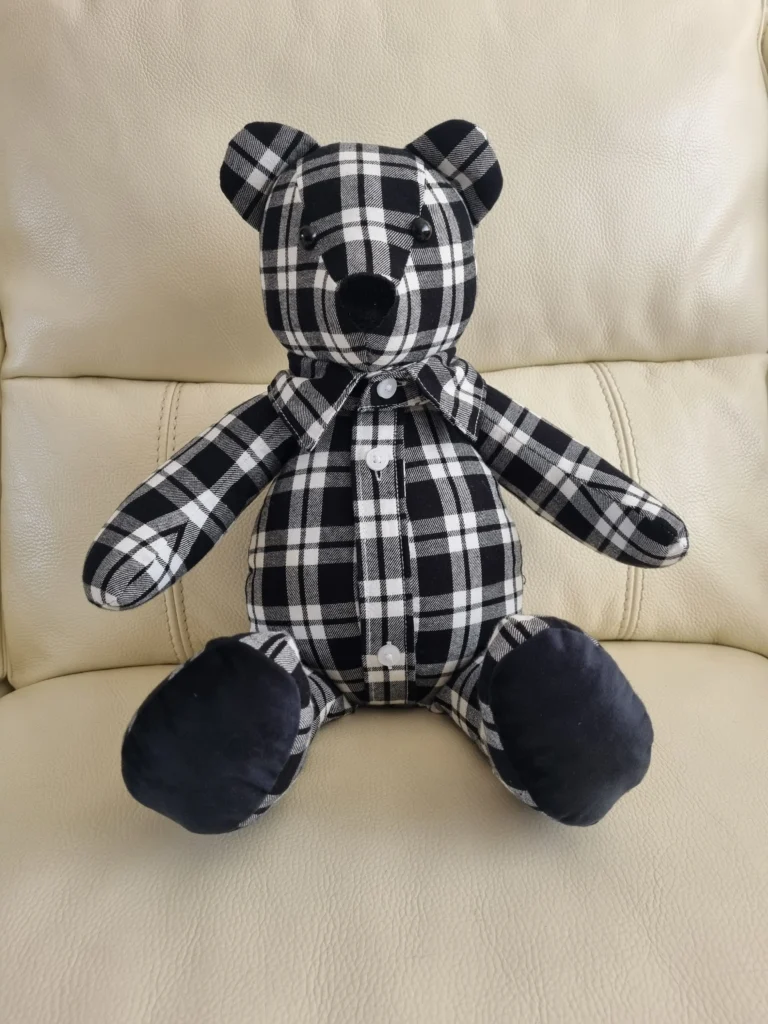 black and white checked memory bear handmade from clothing