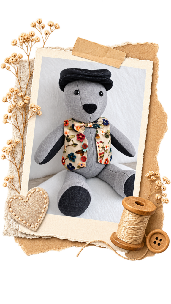 grey memory bear wearing a handmade floral waistcoat and flat cap 2