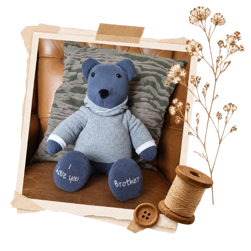 blue handmade memory bear wearing a grey hoodie with Love You Brother embroidery
