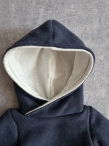 handmade navy hoodie with cream lining for a memory bear