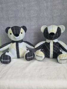 two matching personalised memory bears made from checked clothing
