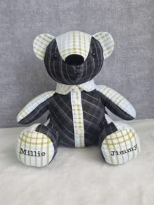 finished black cream and green patchwork memory bear