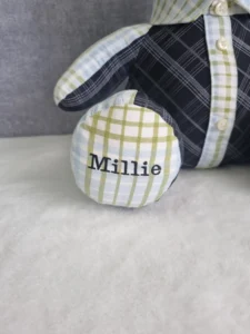 side view of a personalised checked memory bear