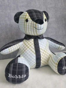 personalised patchwork memory bear made from checked clothing