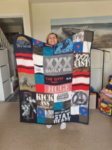 close-up of a keepsake blanket created from printed clothing