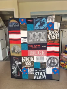 large patchwork memory blanket made from colourful T-shirts