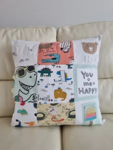 colourful memory cushion made from children's clothing