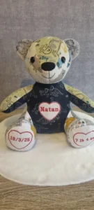 side view of a memory bear made from meaningful clothes
